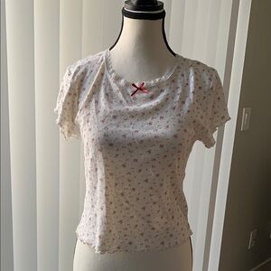 Floral White Top with Red Accents